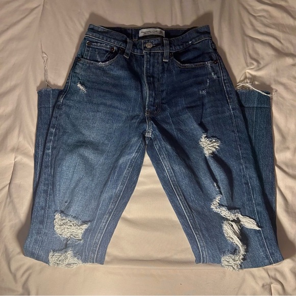 Abercrombie & Fitch High Rise Mom Jeans Women’s 23 Distressed Blue Denim - Picture 5 of 16